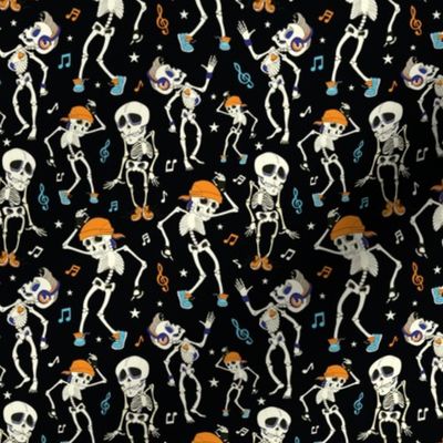 Dancing Skeletons Party Halloween Seamless Pattern. Music Disco