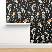 Dancing Skeletons Party Halloween Seamless Pattern. Music Disco