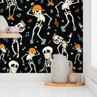 Dancing Skeletons Party Halloween Seamless Pattern. Music Disco