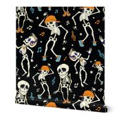 Dancing Skeletons Party Halloween Seamless Pattern. Music Disco