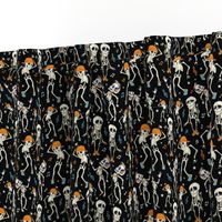 Dancing Skeletons Party Halloween Seamless Pattern. Music Disco