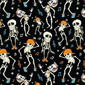 Dancing Skeletons Party Halloween Seamless Pattern. Music Disco
