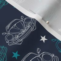 Vector Dark Blue Vintage Cars Stars Drawing Seamless Pattern. Lineart Old Car. Front Bumper View