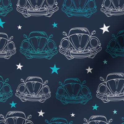 Vector Dark Blue Vintage Cars Stars Drawing Seamless Pattern. Lineart Old Car. Front Bumper View