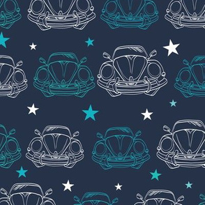 Vector Dark Blue Vintage Cars Stars Drawing Seamless Pattern. Lineart Old Car. Front Bumper View