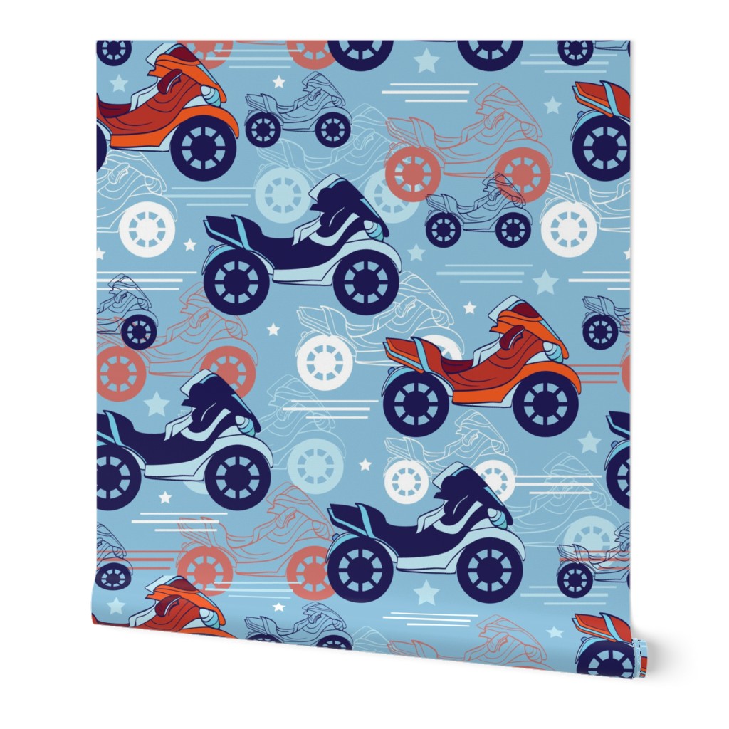 Vector Motorcycles Blue Red Seamless Pattern. Fast Risky Speed. Motorbike Bike, Loud