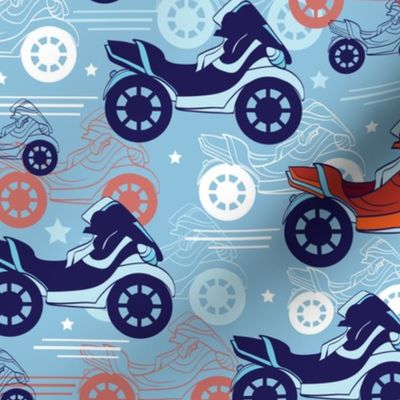 Vector Motorcycles Blue Red Seamless Pattern. Fast Risky Speed. Motorbike Bike, Loud