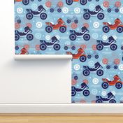 Vector Motorcycles Blue Red Seamless Pattern. Fast Risky Speed. Motorbike Bike, Loud