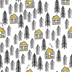cabin // forest trees mustard yellow outdoors black and white white background