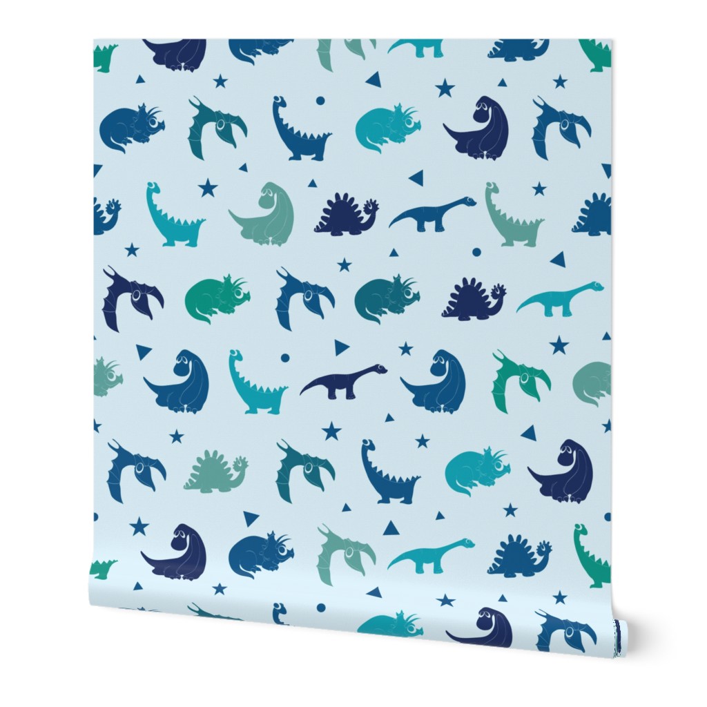 Blue dinosaurs silhouettes seamless pattern.  Stegosaurus, Tyrannosaurus, Diplodocus, Pterodactyl