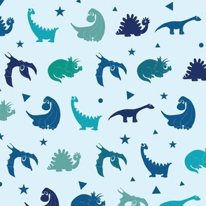 Blue dinosaurs silhouettes seamless pattern.  Stegosaurus, Tyrannosaurus, Diplodocus, Pterodactyl
