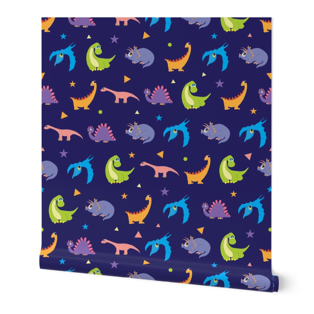 Colorful dinosaurs Dark Blue. Stegosaurus, Tyrannosaurus, Diplodocus, Pterodactyl