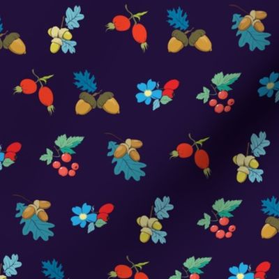 Dark blue colorful berries nuts seamless pattern. Rosehip Berry Acorn Oak Blueberry