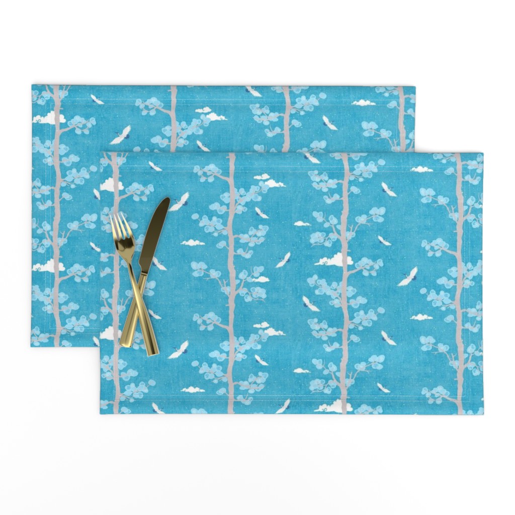 Pines and Cranes in Turquoise Blue (small scale) | Forest fabric, bird fabric in bright blue. Japanese print fabric, tree fabric with cranes and snow.