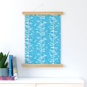 Pines and Cranes in Turquoise Blue (small scale) | Forest fabric, bird fabric in bright blue. Japanese print fabric, tree fabric with cranes and snow.