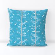 Pines and Cranes in Turquoise Blue (small scale) | Forest fabric, bird fabric in bright blue. Japanese print fabric, tree fabric with cranes and snow.