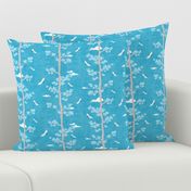 Pines and Cranes in Turquoise Blue (small scale) | Forest fabric, bird fabric in bright blue. Japanese print fabric, tree fabric with cranes and snow.