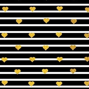 Gold Hearts on Black and White Stripe pattern