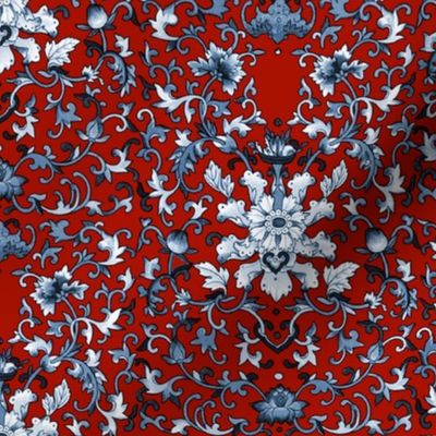 Lacquer Damask  ~ Blue and White on Turkey Red 