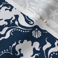 Mermaid Damask - navy/white