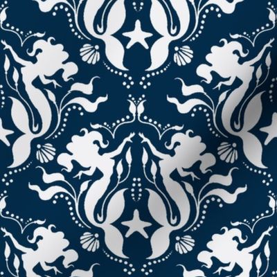 Mermaid Damask - navy/white