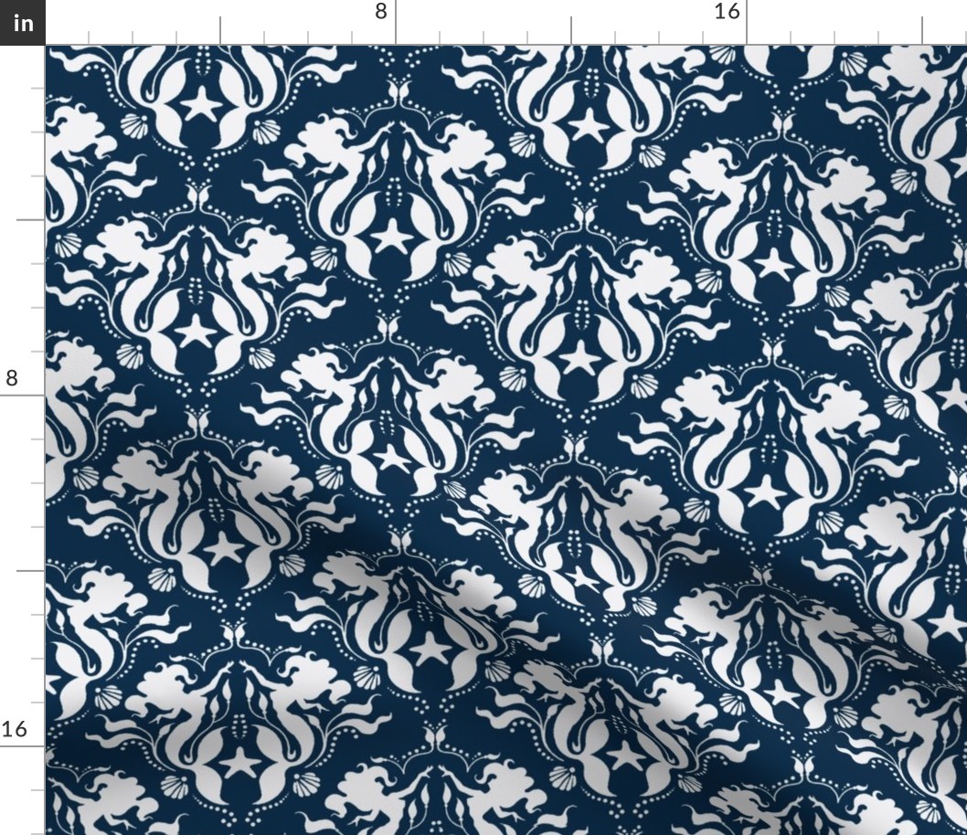 Mermaid Damask - navy/white