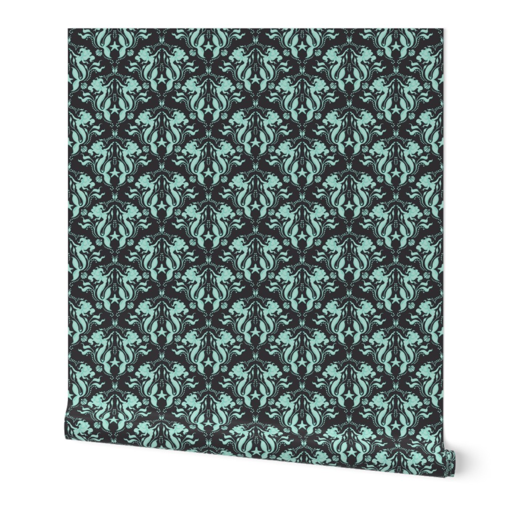 Mermaid Damask - dk grey/teal