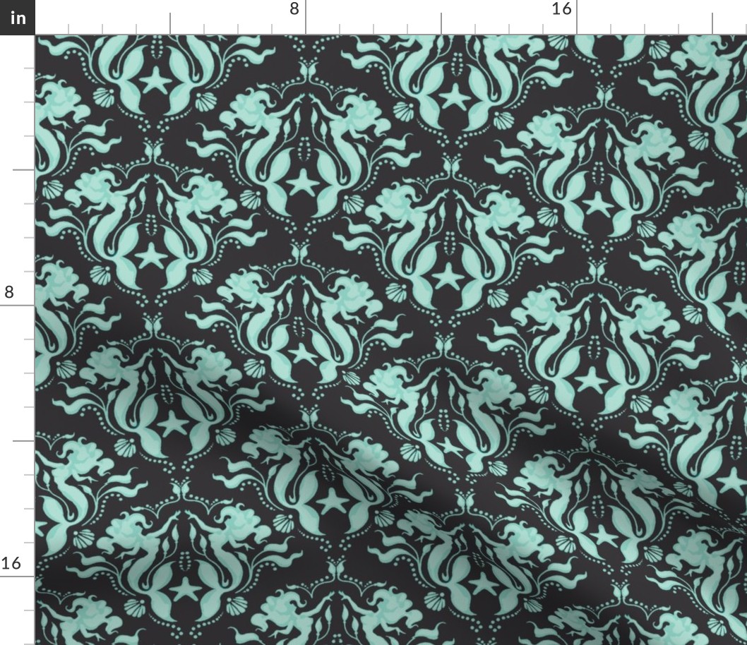 Mermaid Damask - dk grey/teal