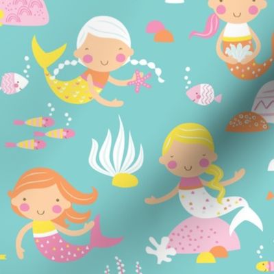 Mermaids  - Mint // by petite_circus // pink yellow white Turquoise // cute kids baby nursery //