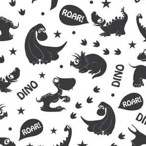 Black and White Dinosaurs Roaring Seamless Pattern. Stegosaurus, Tyrannosaurus, Diplodocus, Pterodactyl