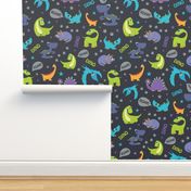 Dinosaurs Roaring Seamless Pattern. Stegosaurus, Tyrannosaurus, Diplodocus, Pterodactyl