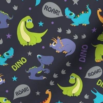 Dinosaurs Roaring Seamless Pattern. Stegosaurus, Tyrannosaurus, Diplodocus, Pterodactyl