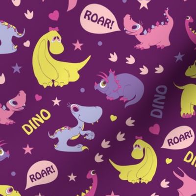 Girly Dinosaurs Roaring Seamless Pattern