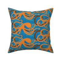 Ocean Whimsy: Playful Orange Octopus Dance on Blue