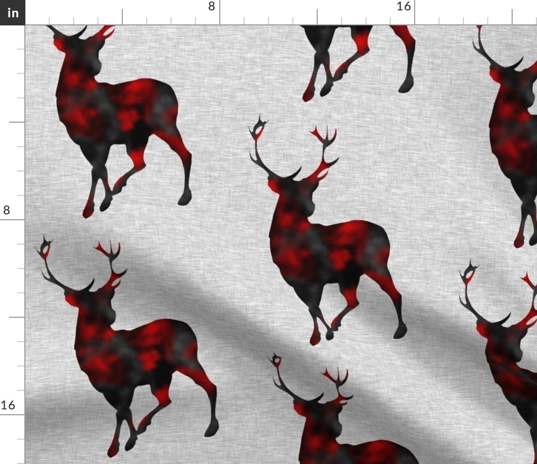 10” Painted Deer - red and black on grey linen