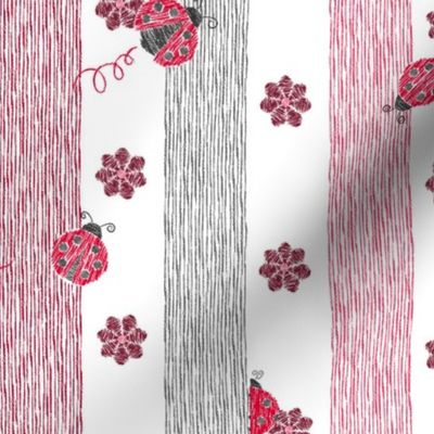 Crayon Lady Bugs Stripes with Flowers Red Grey