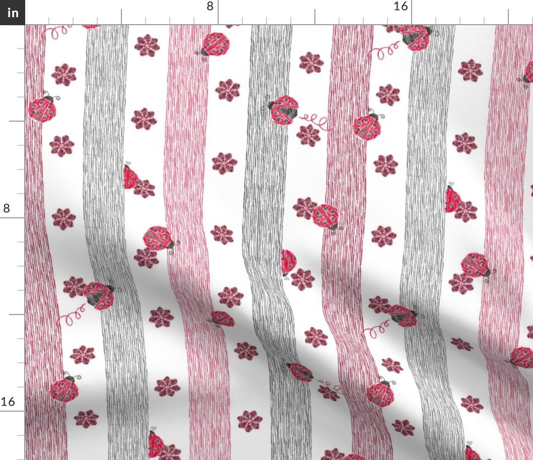 Crayon Lady Bugs Stripes with Flowers Red Grey