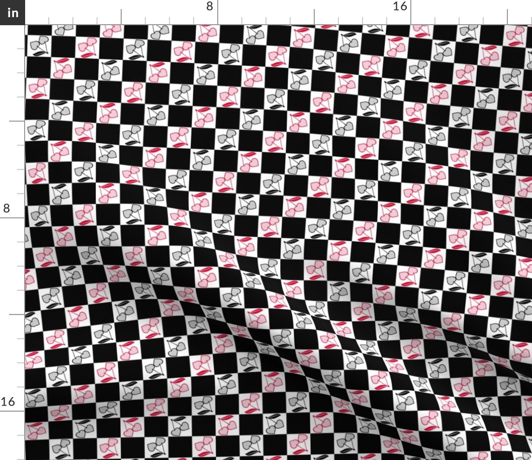 Cherry Hearts Checker Black White Red