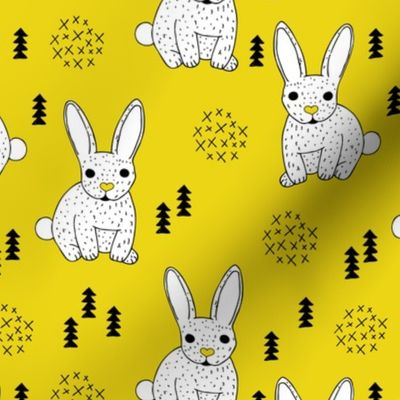 Adorable geometric rabbit baby easter spring bunny for kids scandinavian woodland theme in mustard
