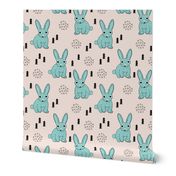Adorable geometric rabbit baby easter bunny for kids scandinavian woodland theme in mint blue and beige