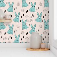 Adorable geometric rabbit baby easter bunny for kids scandinavian woodland theme in mint blue and beige