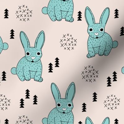 Adorable geometric rabbit baby easter bunny for kids scandinavian woodland theme in mint blue and beige