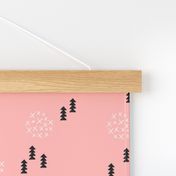 Scandinavian style christmas trees geometric woodland print in black and white and pink