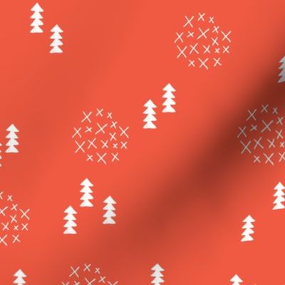 Scandinavian style christmas trees geometric woodland print in white and coral