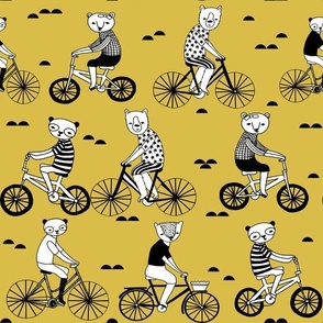 bears on bikes // mustard yellow bicycle fabric cute childrens illustrations by andrea lauren childrens bicycles