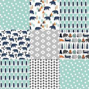 camping wholecloth // 6" squares camping design mint and navy blue boys room nursery baby quilt patchwork quilt crib sheet boys nursery