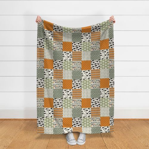 camping quilt // 6" squares wholecloth cheater quilt green orange brown outdoors rustic woodland forest bear 