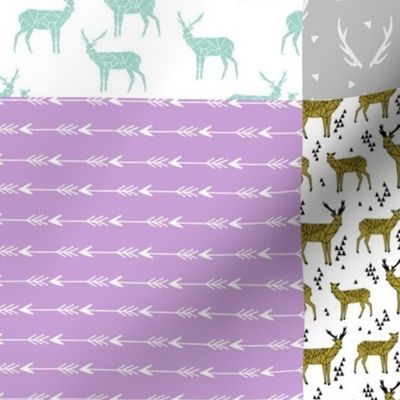 deer quilt // mint purple patchwork grey cheater quilt wholecloth baby nursery baby qilt