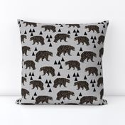 geometric bear // slate linen look background trendy neutral triangle fabric for nursery decor and illustration patterns