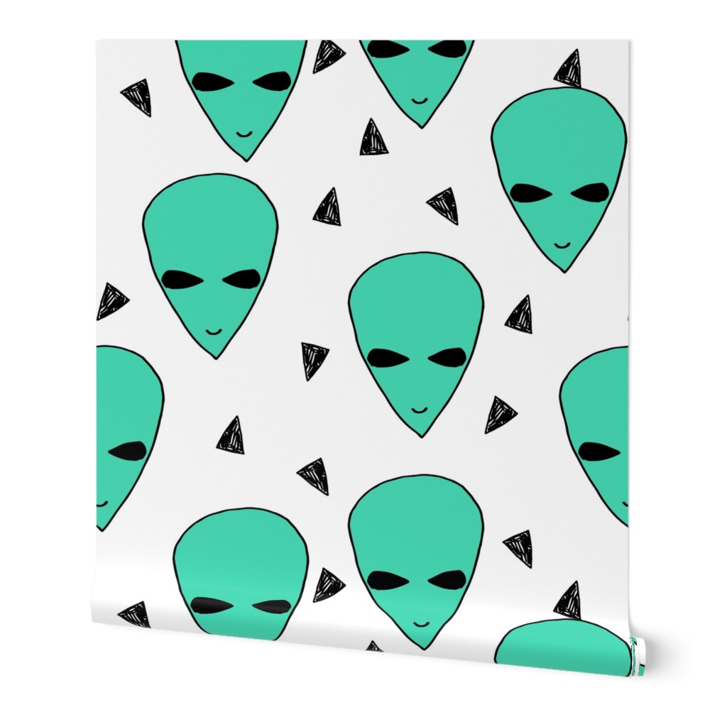 alien head // bright jade green alien head fabric 90s design aliens outerspace fabric